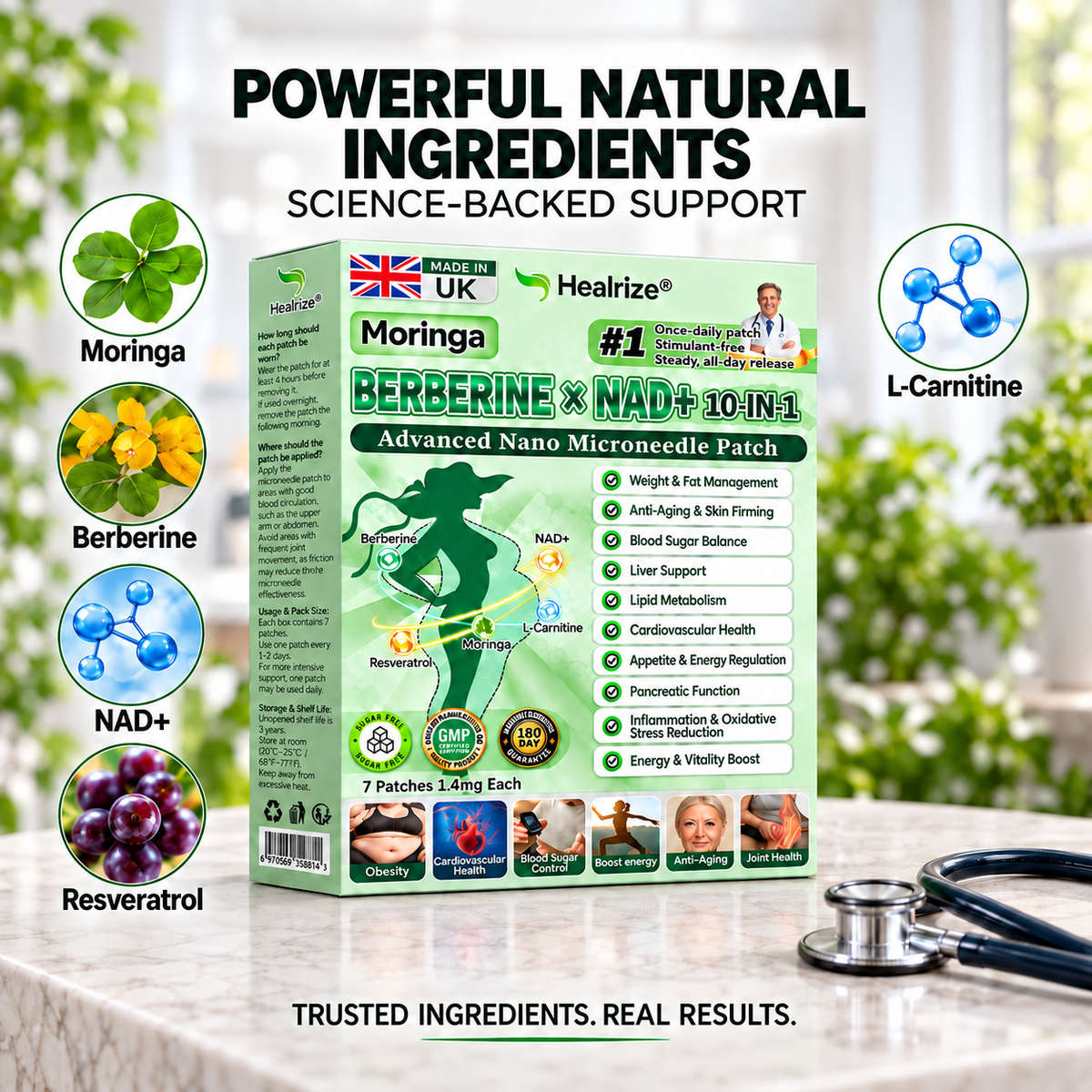 Healrize®🎁Moringa & Berberine × NAD+ 10-in-1 Advanced Nano Microneedle Patch