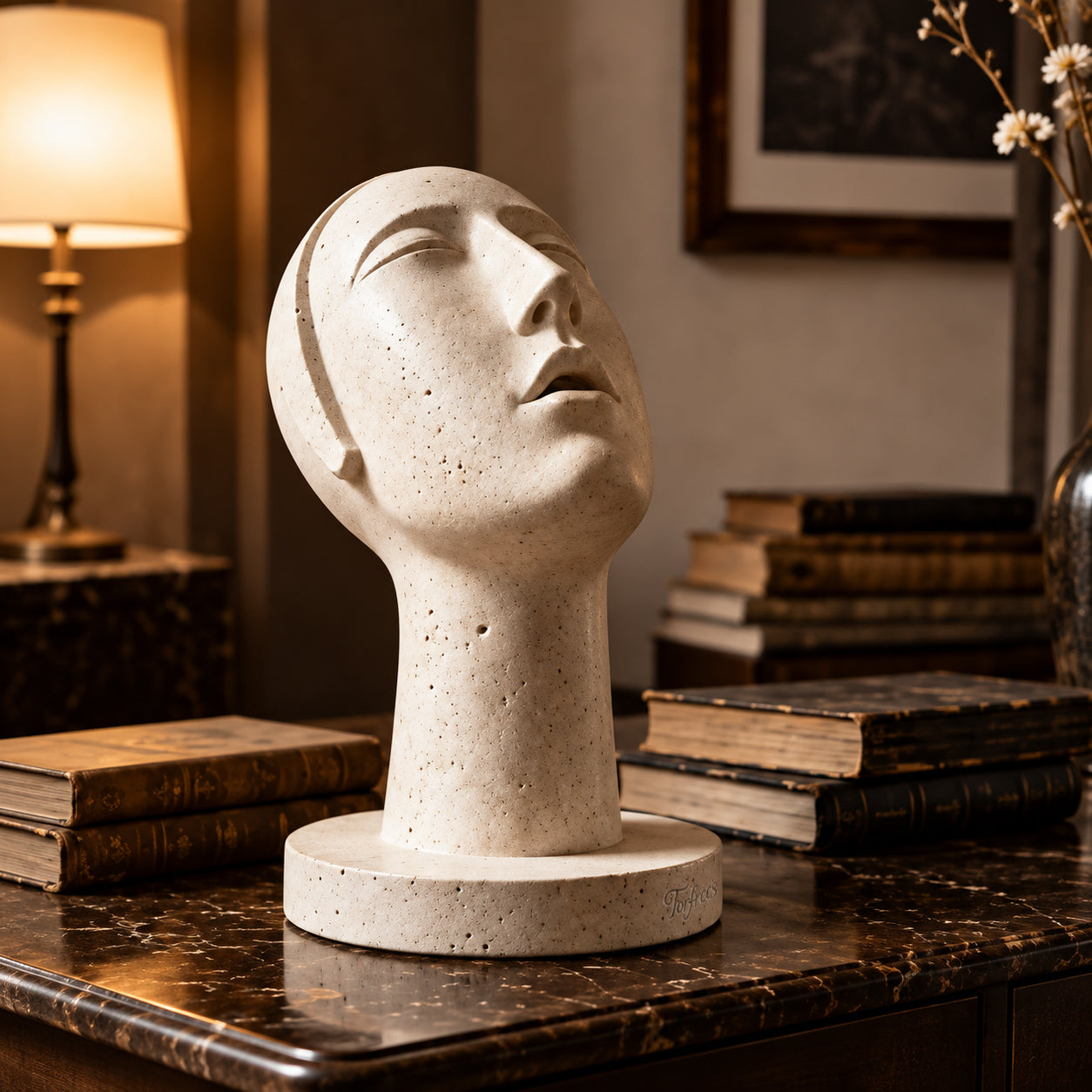 Torfrees Minimalist Travertine Female Bust Sculpture